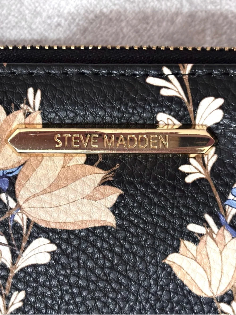 Steve Madden Black Floral Wristlet with Blue & Cream Blooms